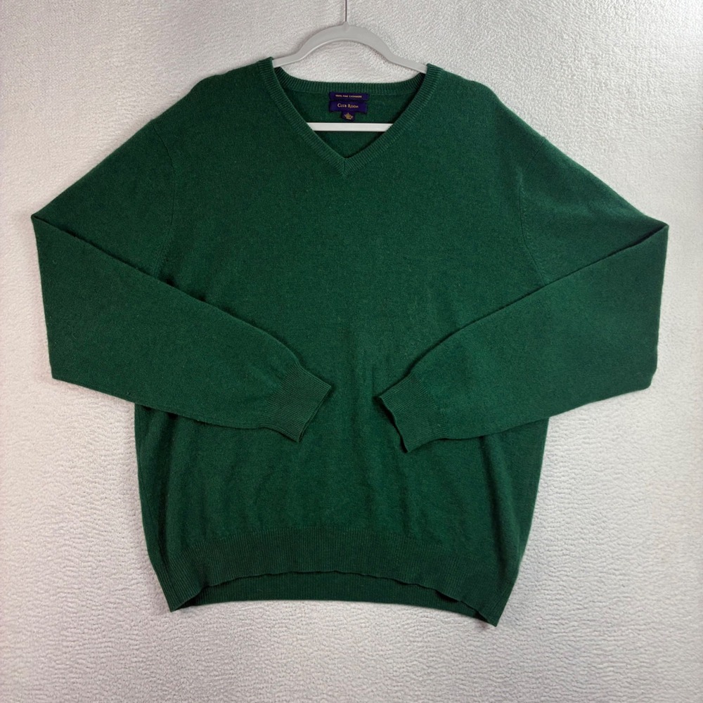 Club Room V Neck Cashmere Sweater Men L Green Preppy Luxury Soft Pullover Winter